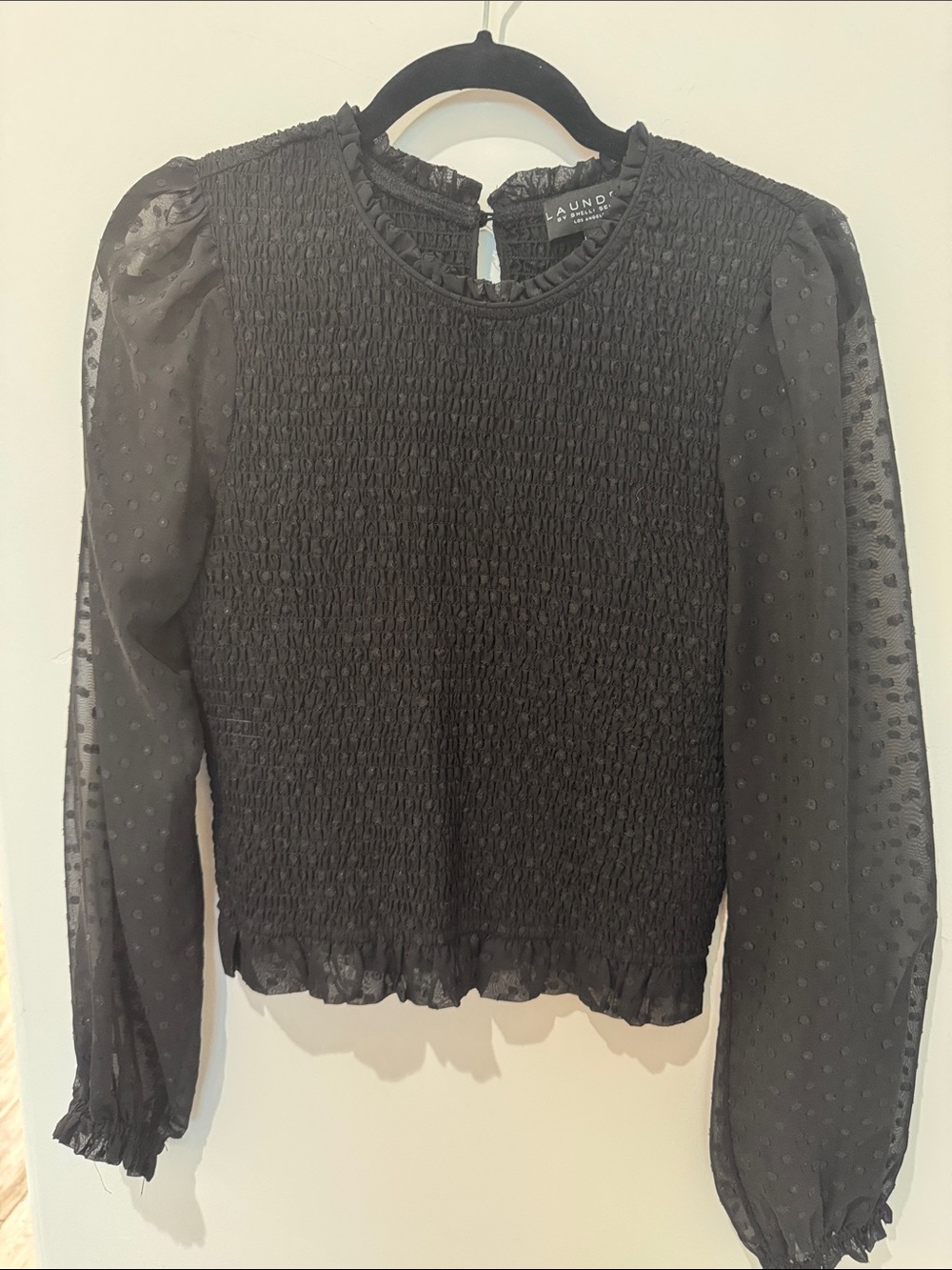 Laundry By Shelli Segal Black Sheer Dot-Sleeve Smocked Top